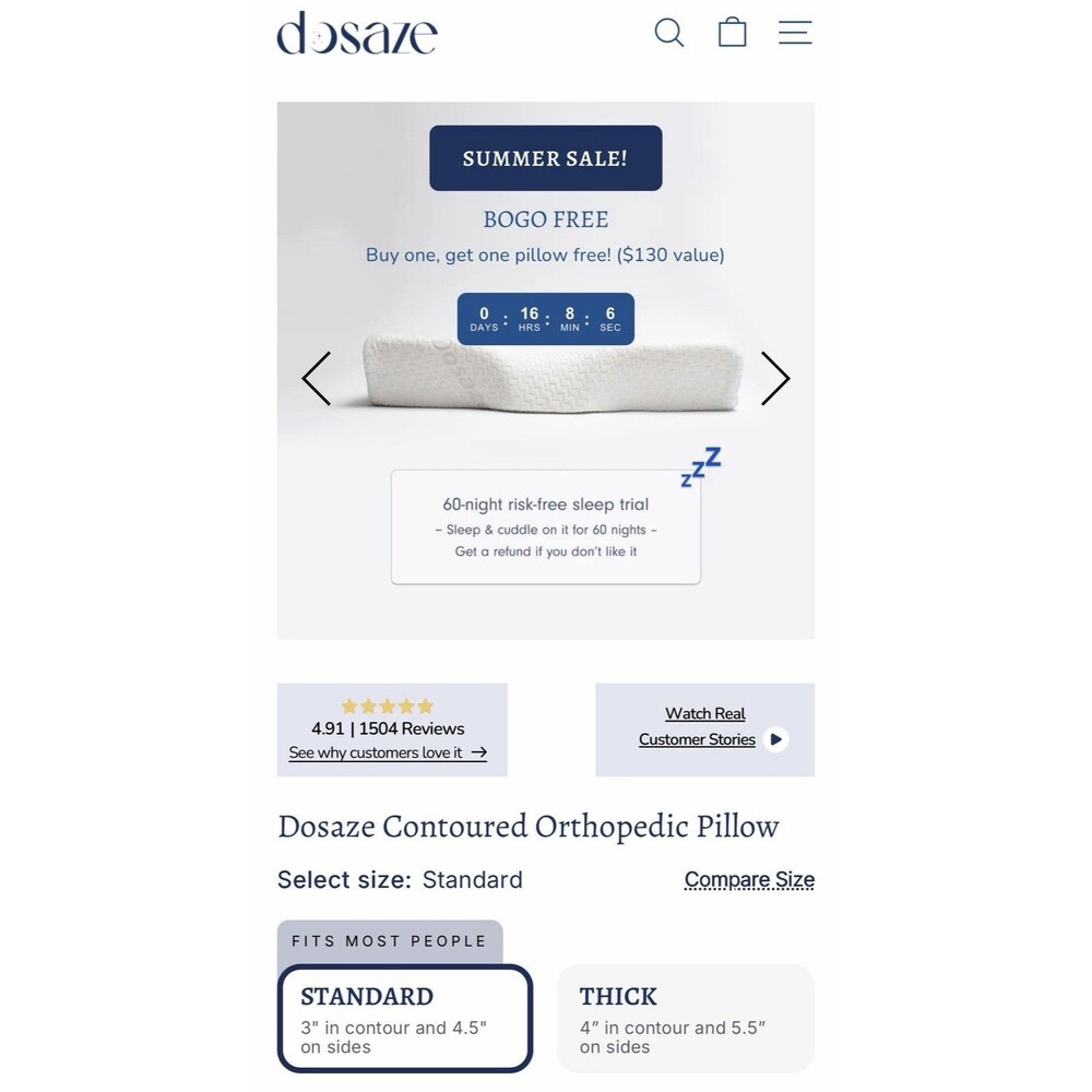 Two Dosaze Contoured Orthopedic Pillows, New, Open, Size 3” & 4” Memory Foam
